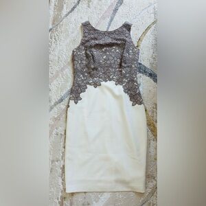 Lauren Ralph Lauren Cream Midi Dress with Taupe Lace Bodice